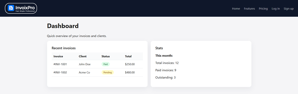 Preview of InvoixPro dashboard